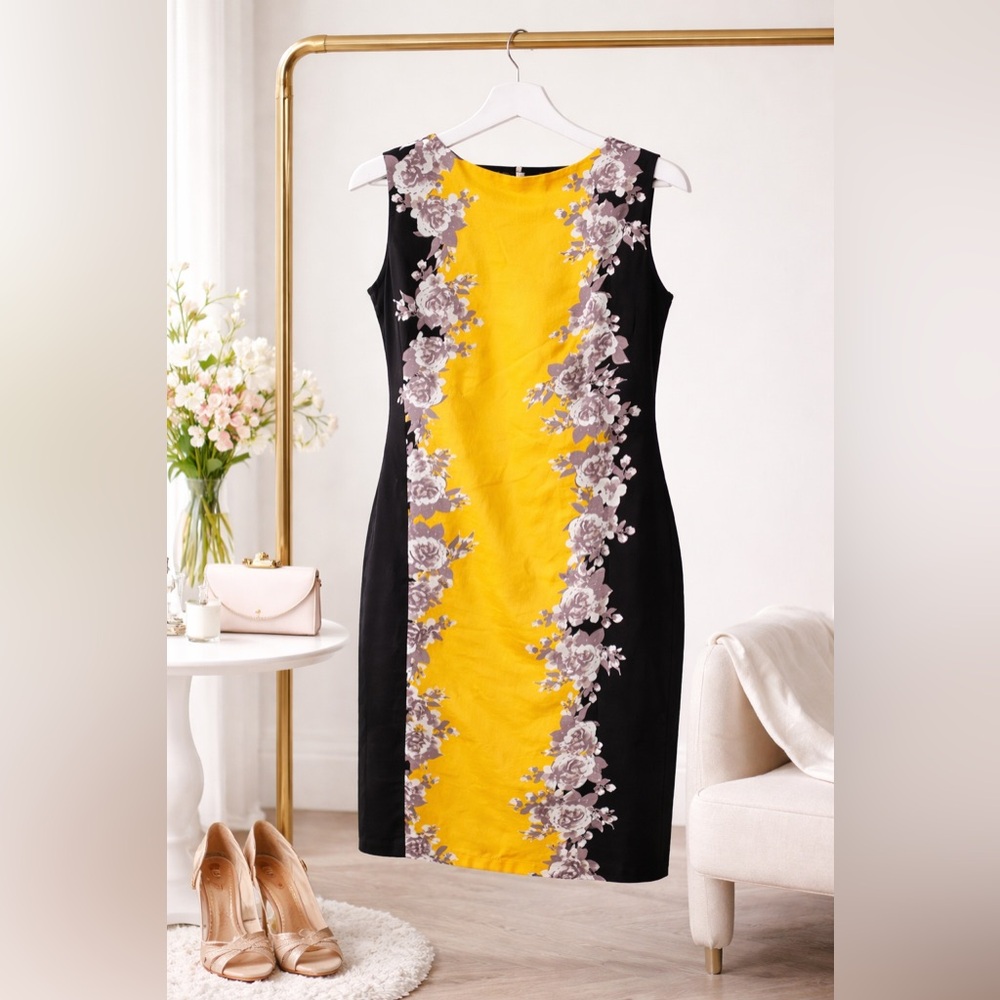 Robbie Bee Yellow and Black Floral Midi Dress Size 14